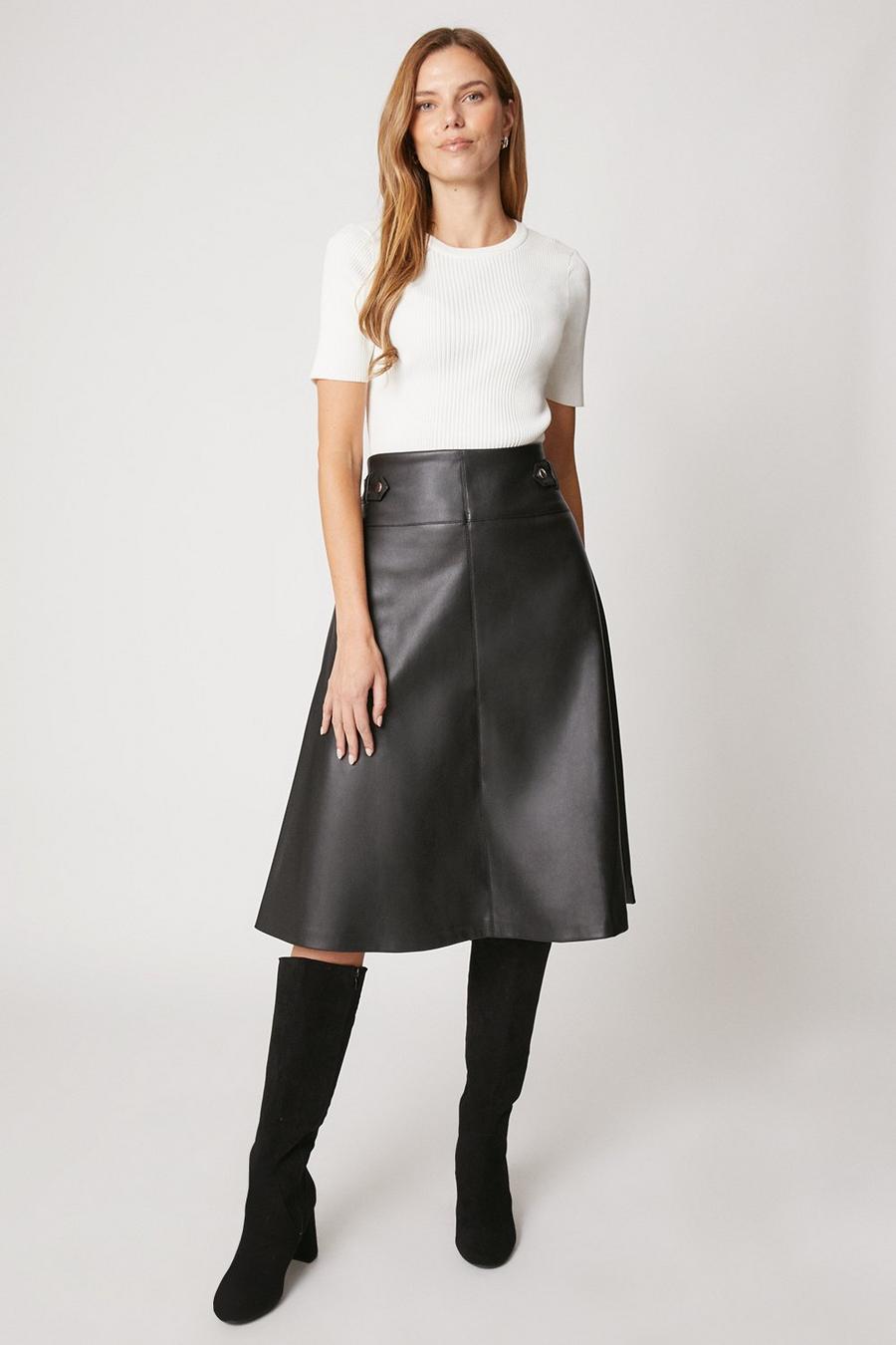 Black Tab Detail Faux Leather A Line Skirt