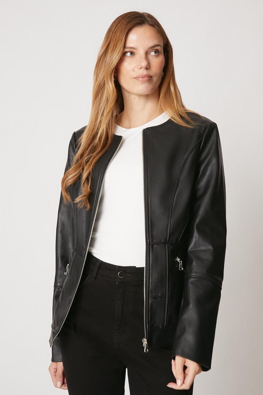 Black Faux Leather Collarless Seam Detail Jacket