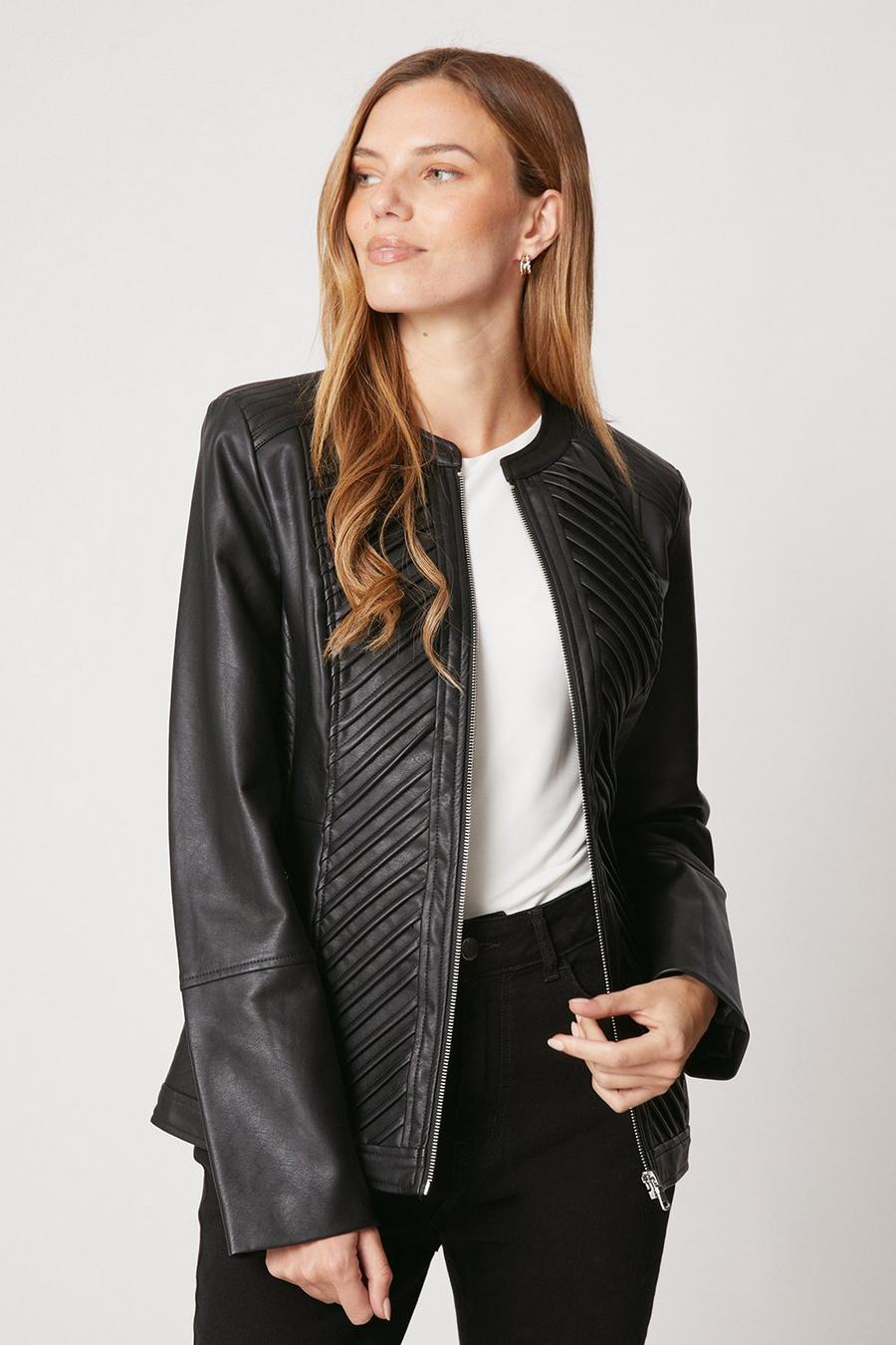 Black Faux Leather Pleat Detail Jacket