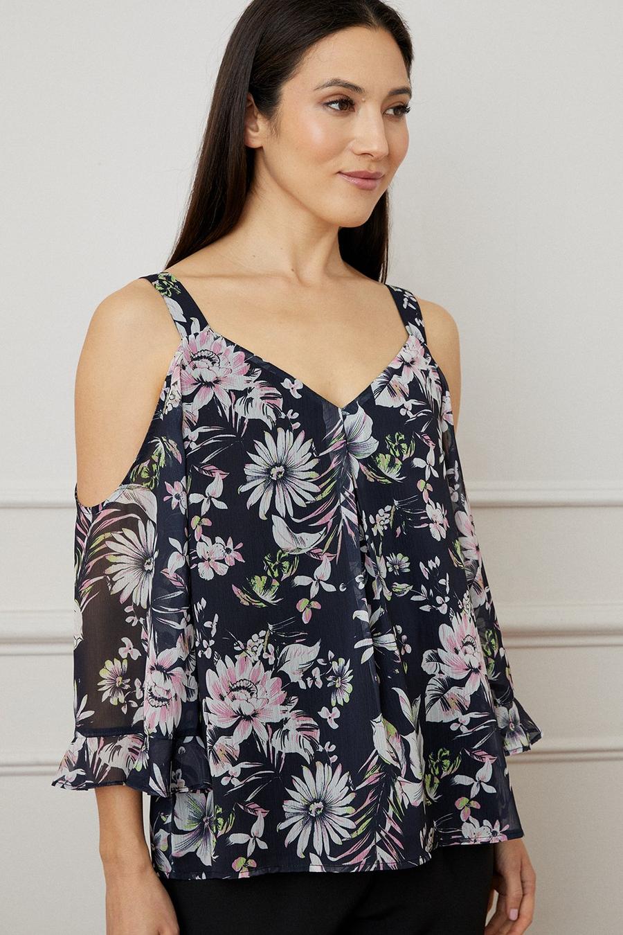 Printed Ruffle Sleeve Cold Shoulder Shell Top