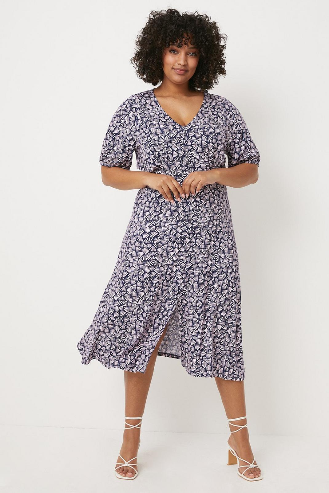 Curve Navy Fan Button Through Jersey Midi Dress image number 1
