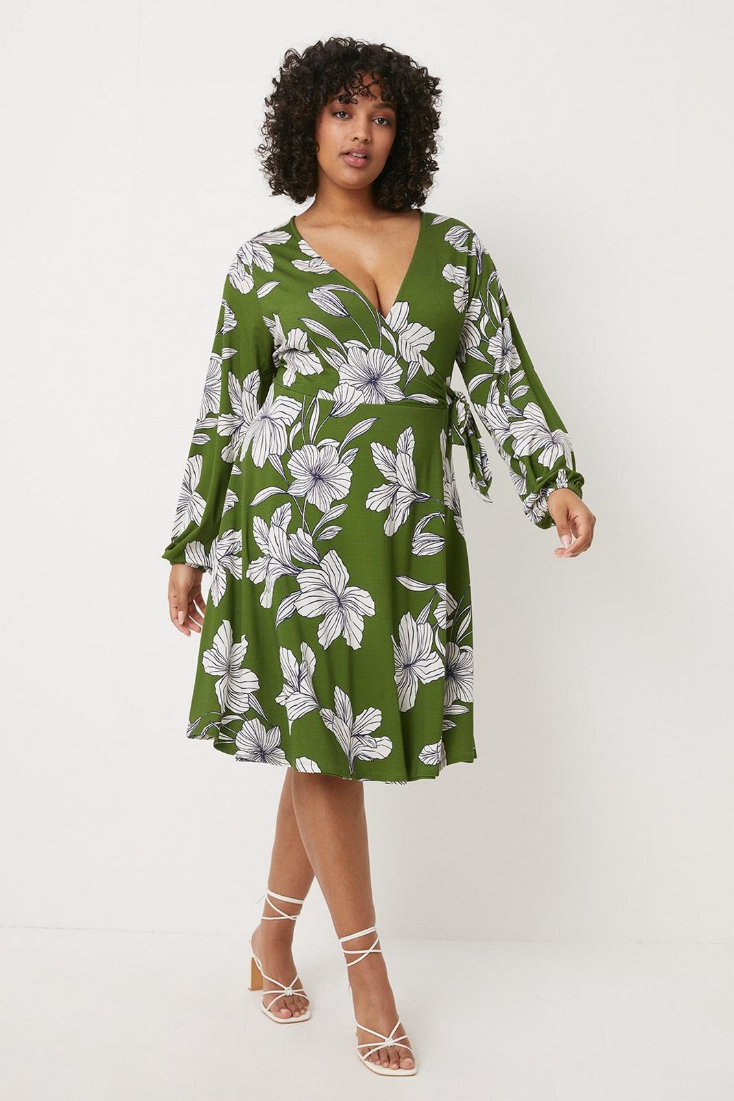 Curve Green Floral Jersey Wrap Midi Dress image number 1