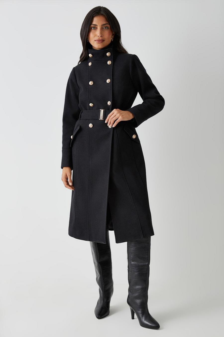 Belted Funnel Neck Military Coat 