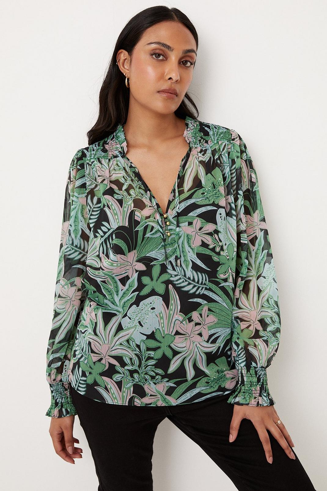 Petite Green Palm Print Tie Neck Top image number 1