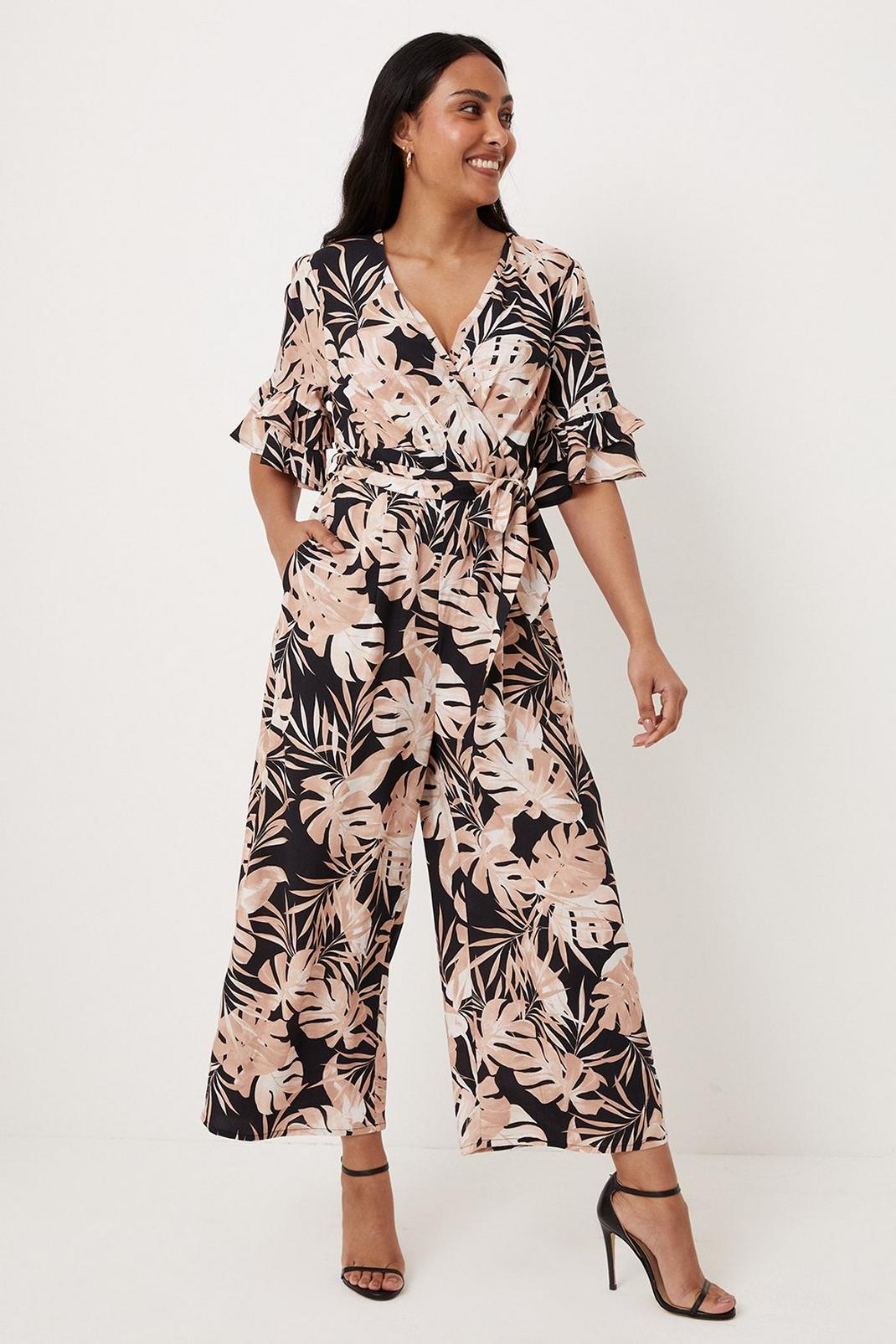 Petite Neutral Palm Belted Jumpsuit image number 1