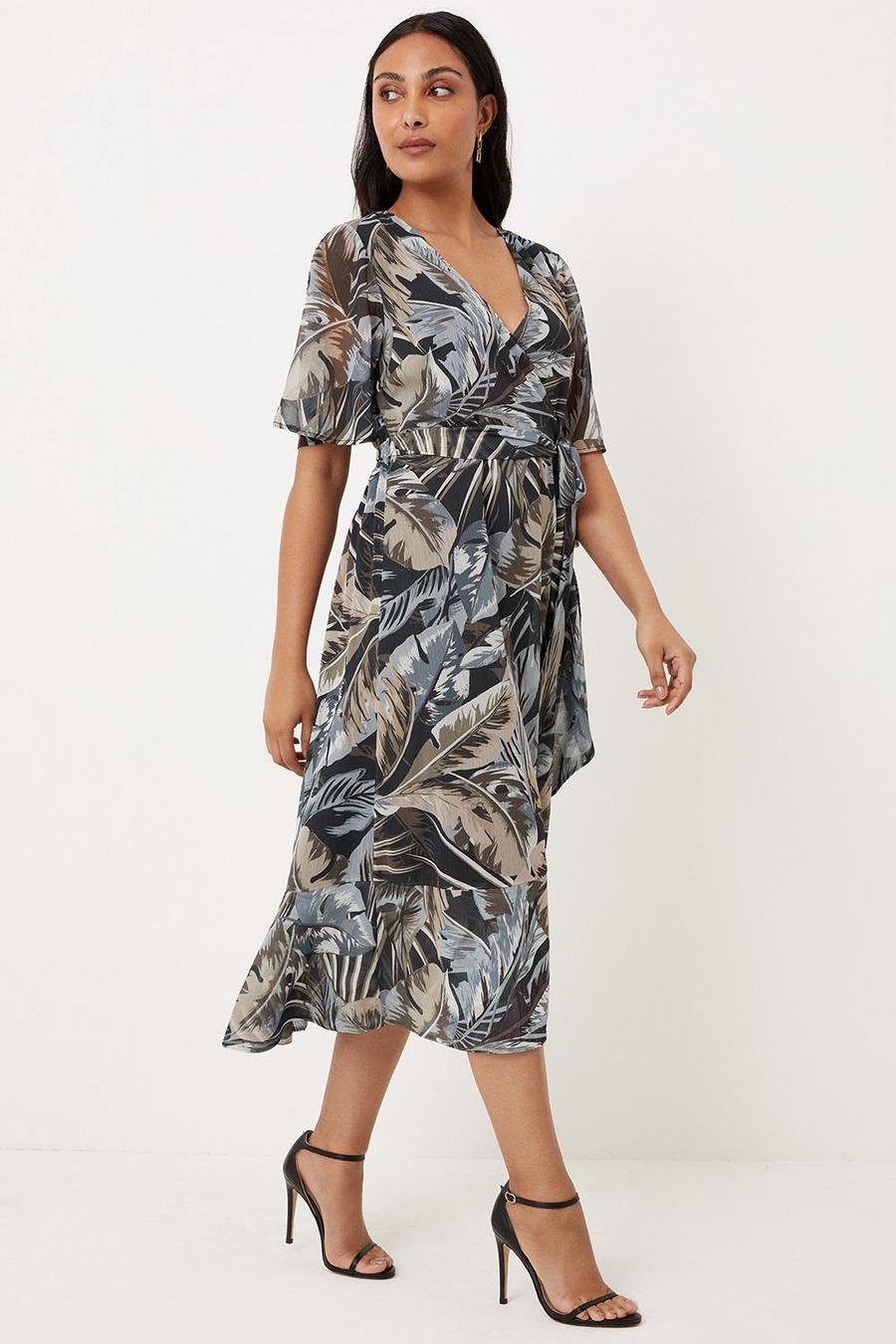 Petite Neutral Palm Print Flutter Sleeve Wrap Dress