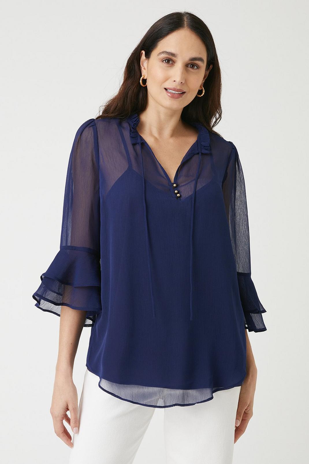 Navy Chiffon Tie Neck Blouse image number 1