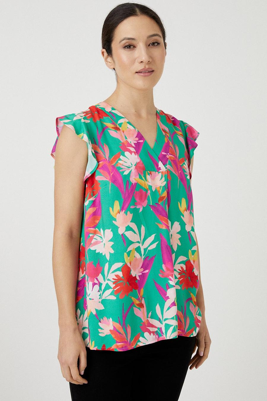 Green Floral Sleeveless Frill Shell Top 