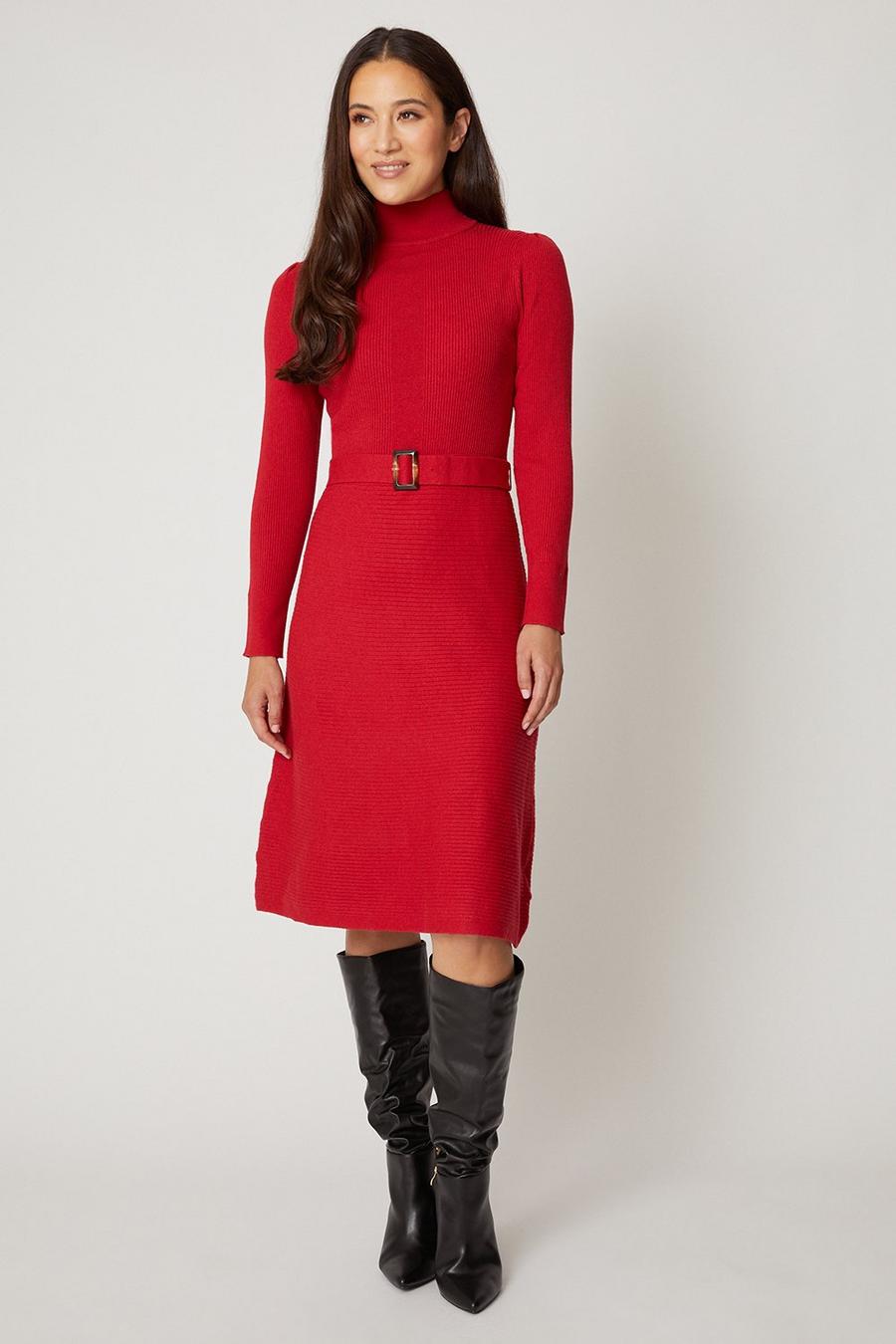 Rib Detail High Neck Belted Knitted Dress