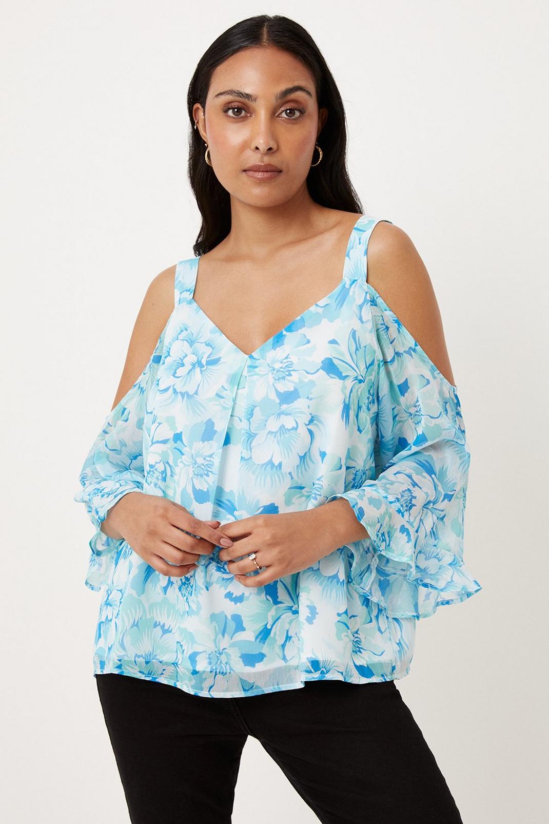Aqua Petite Printed Ruffle Sleeve Cold Shoulder Shell Top image number 1
