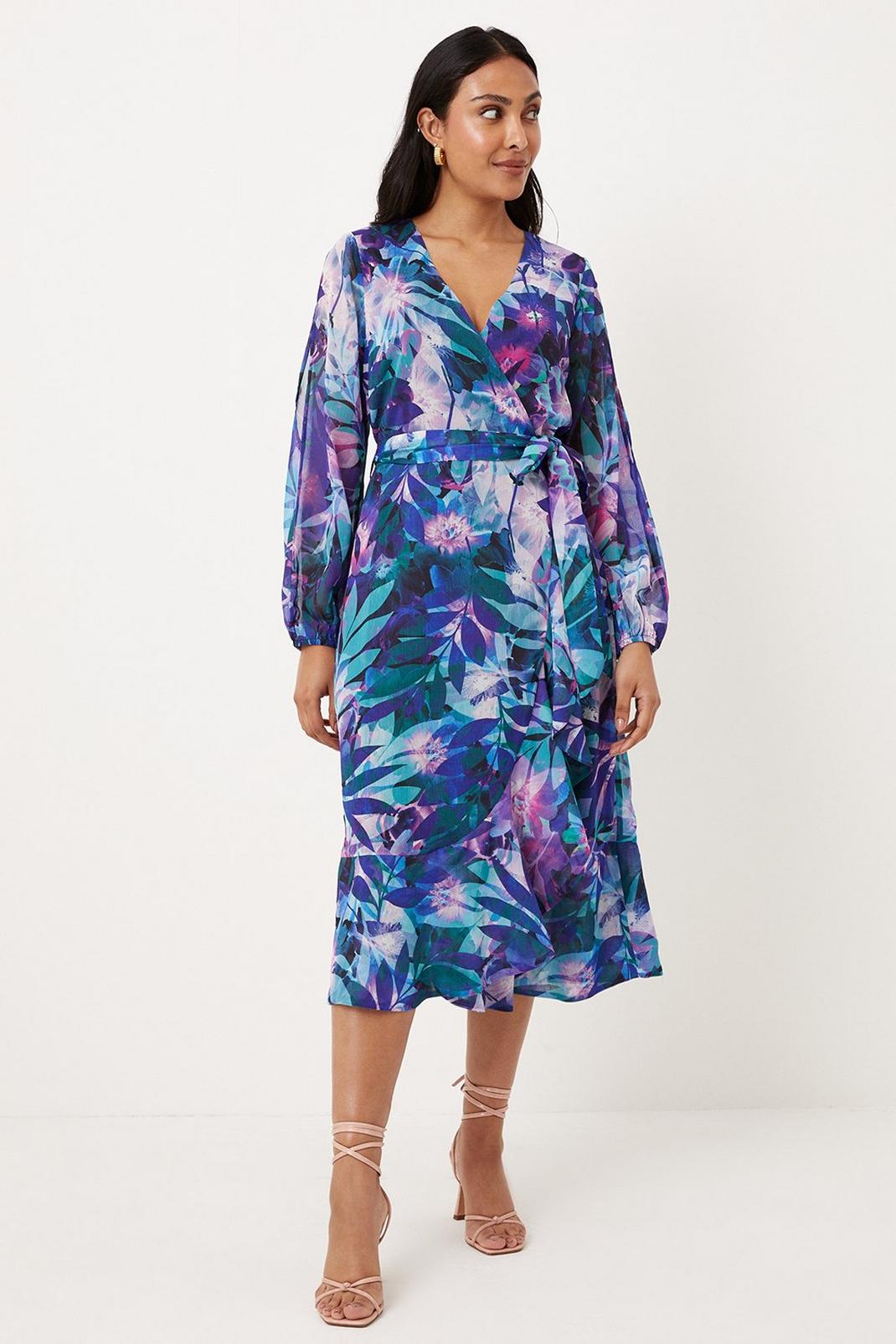 Purple Petite Printed Slit Sleeve Wrap Midi Dress image number 1