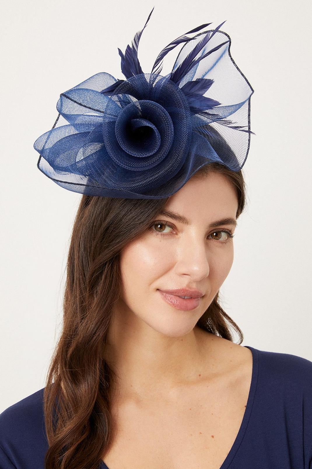 Navy Flower And Feather Detail Mesh Fascinator image number 1