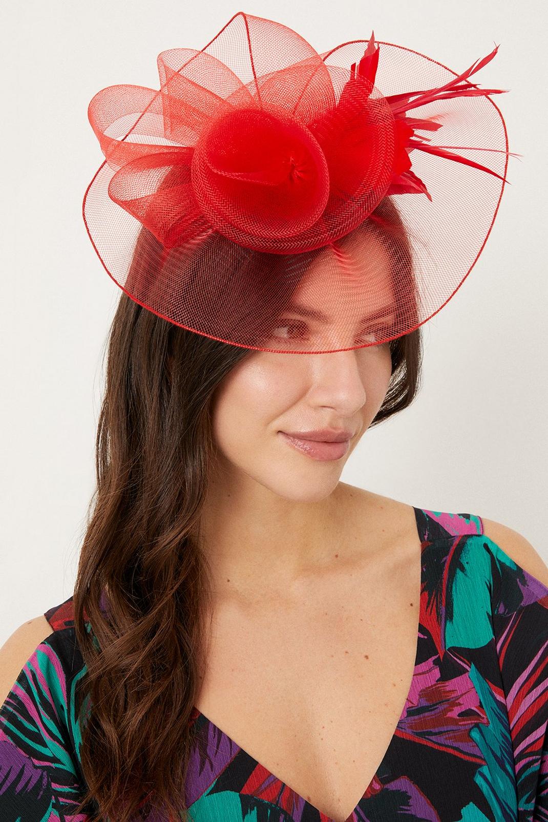 Red Flower And Feather Detail Mesh Fascinator image number 1
