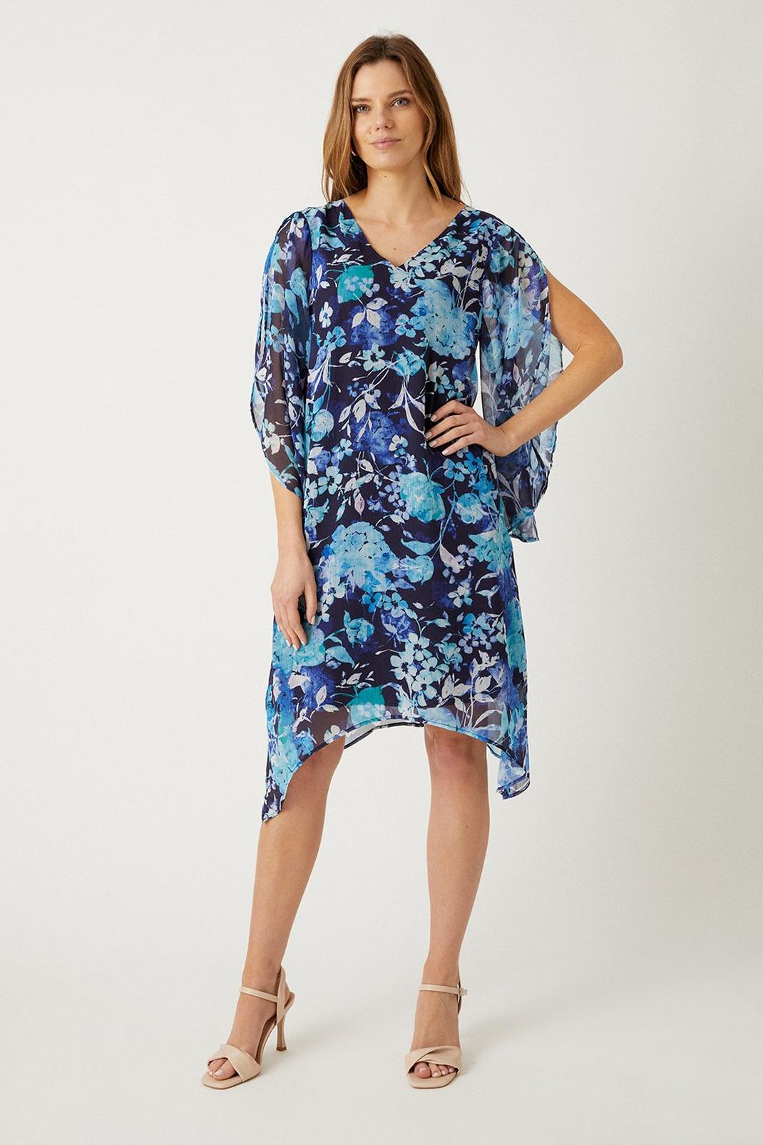 Tall Blue Floral Split Sleeve Overlay Shift Dress image number 1