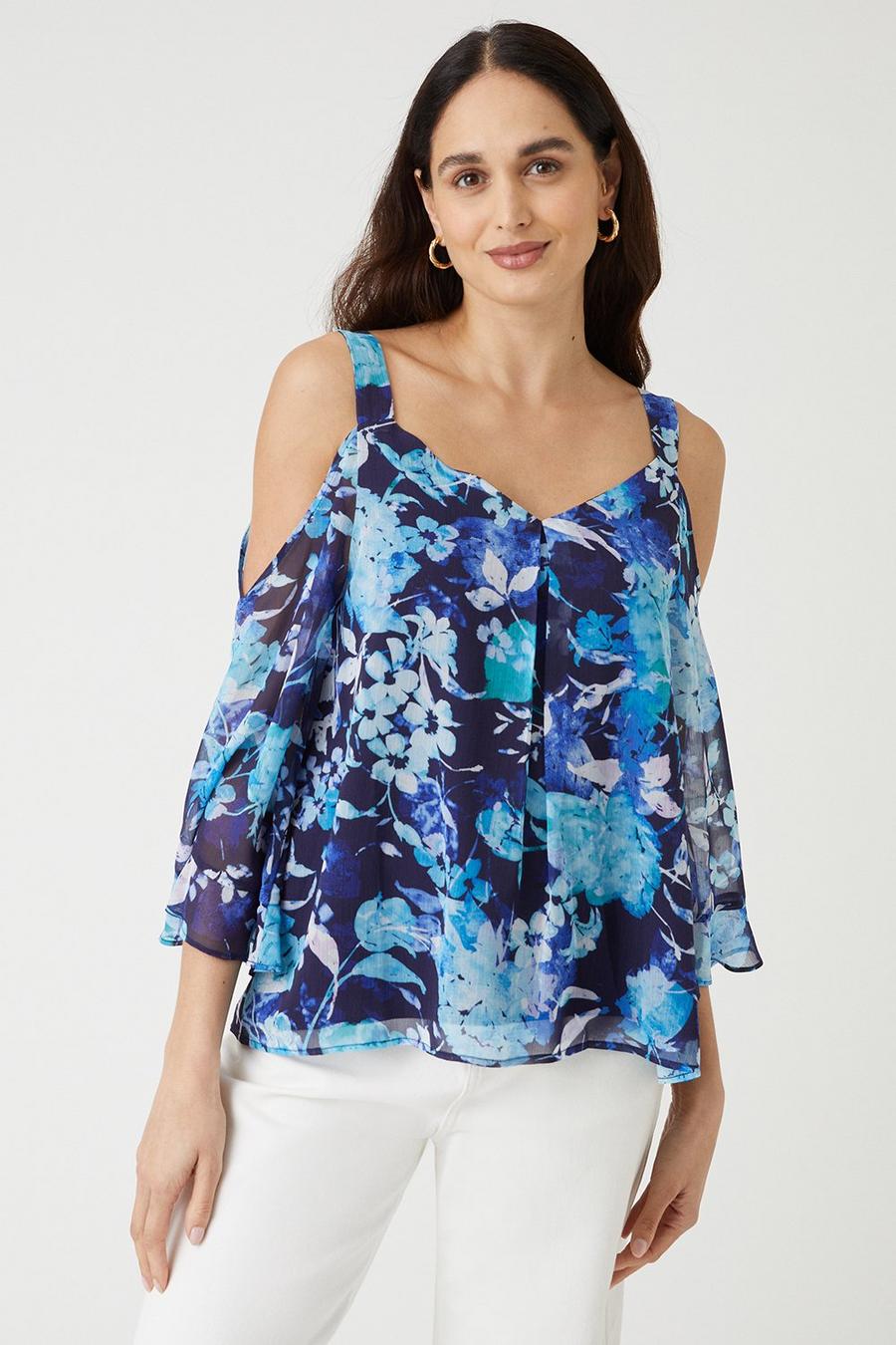 Blue Floral Ruffle Sleeve Cold Shoulder Shell Top