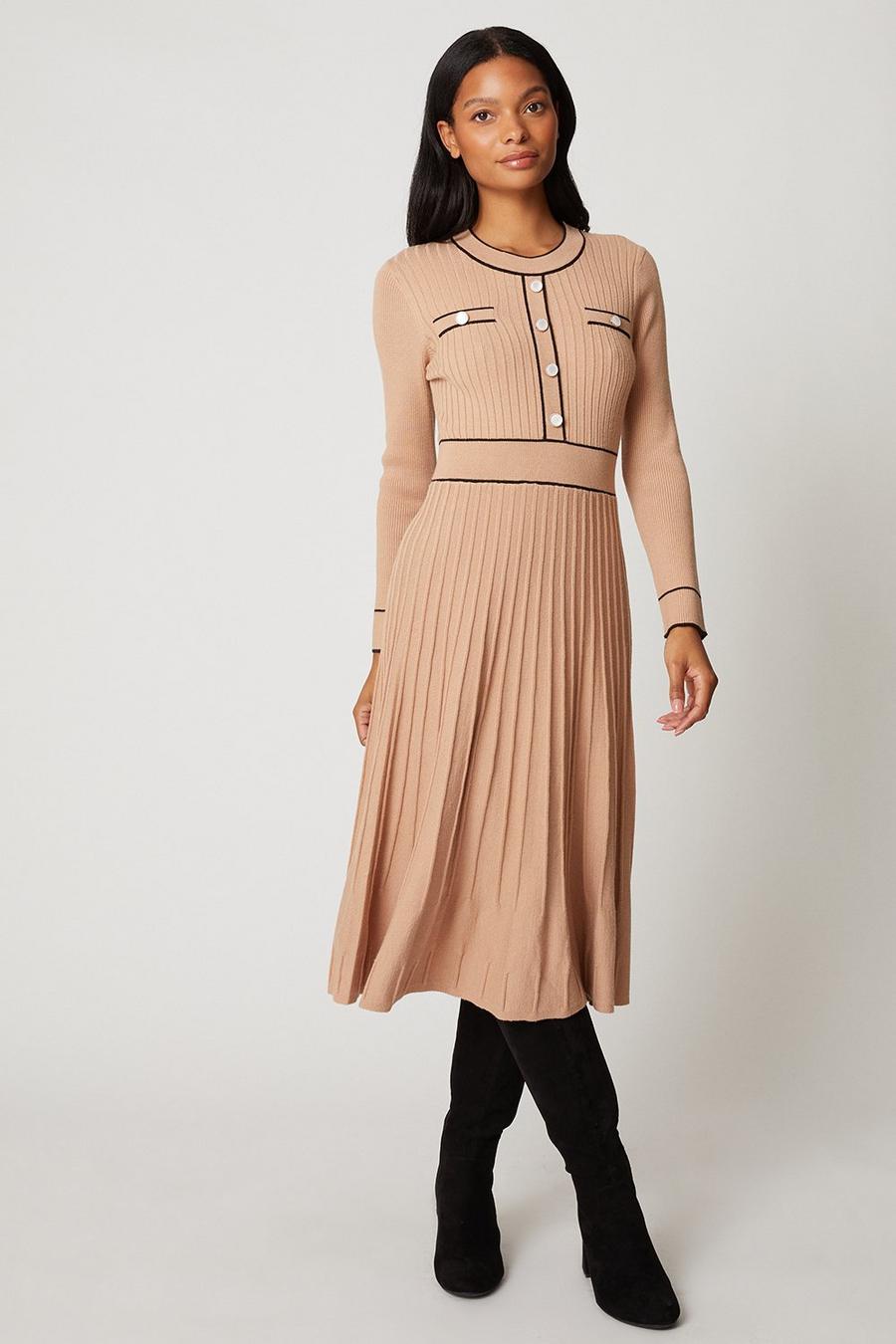 Petite Ribbed Pleated Knitted Dress