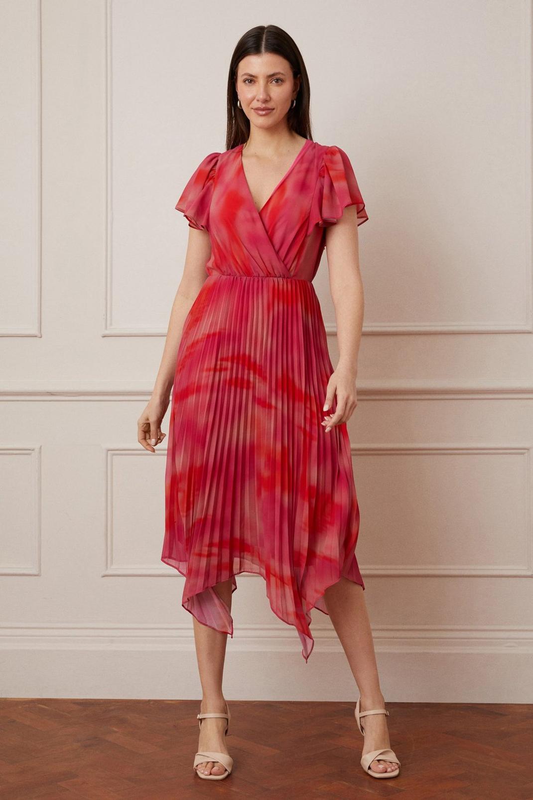 Red Wrap Pleated Dipped Hem Midi Dress image number 1