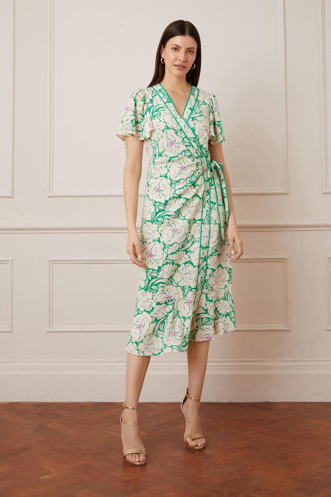 Green Floral Contrast Piping Wrap Midi Dress image number 1