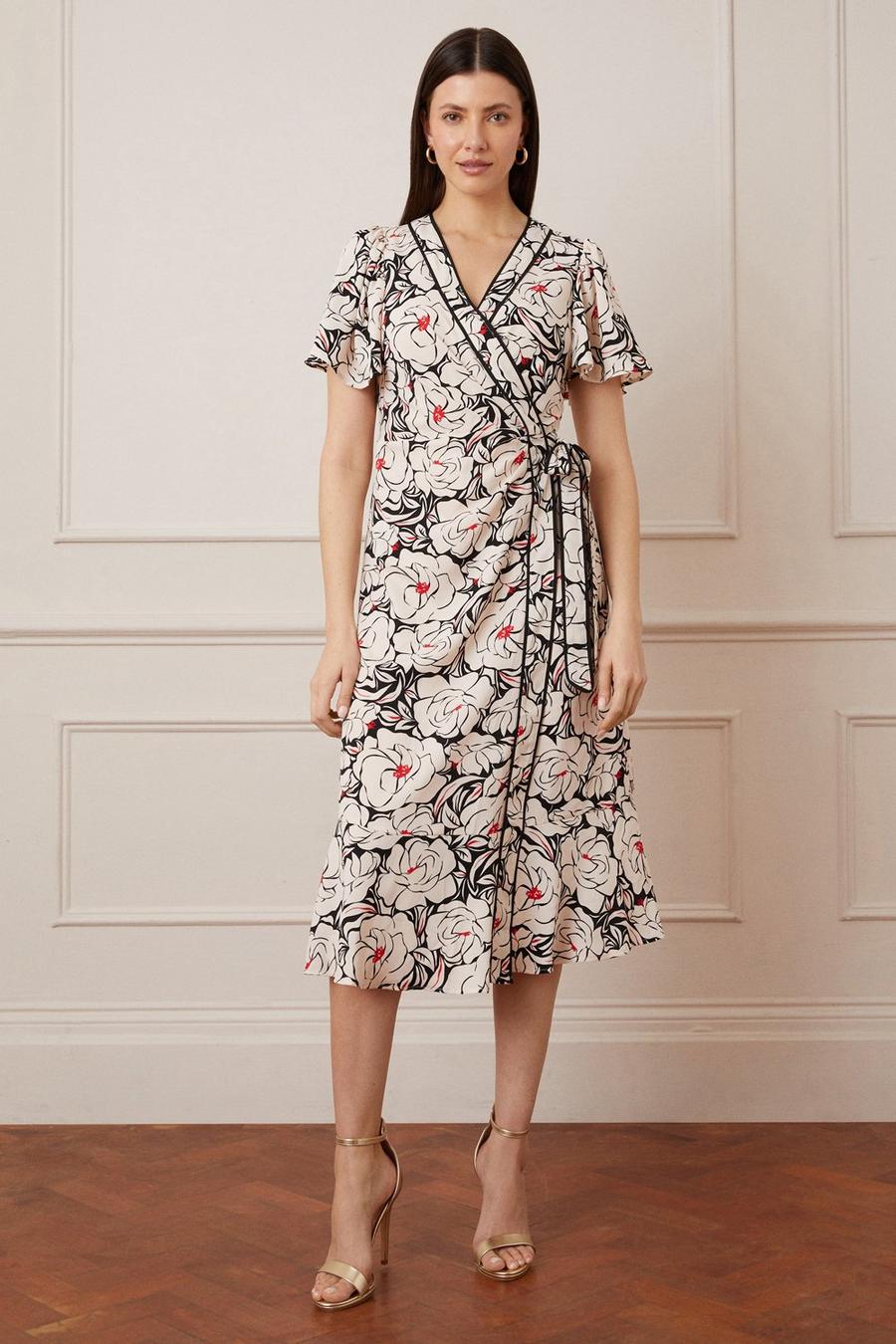 Floral Contrast Piping Wrap Midi Dress