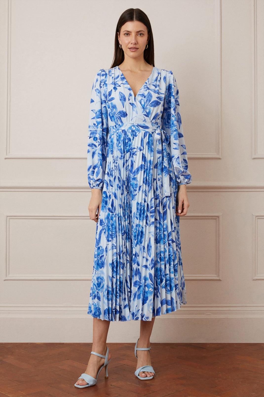 Blue Floral Wrap Pleated Maxi Dress image number 1