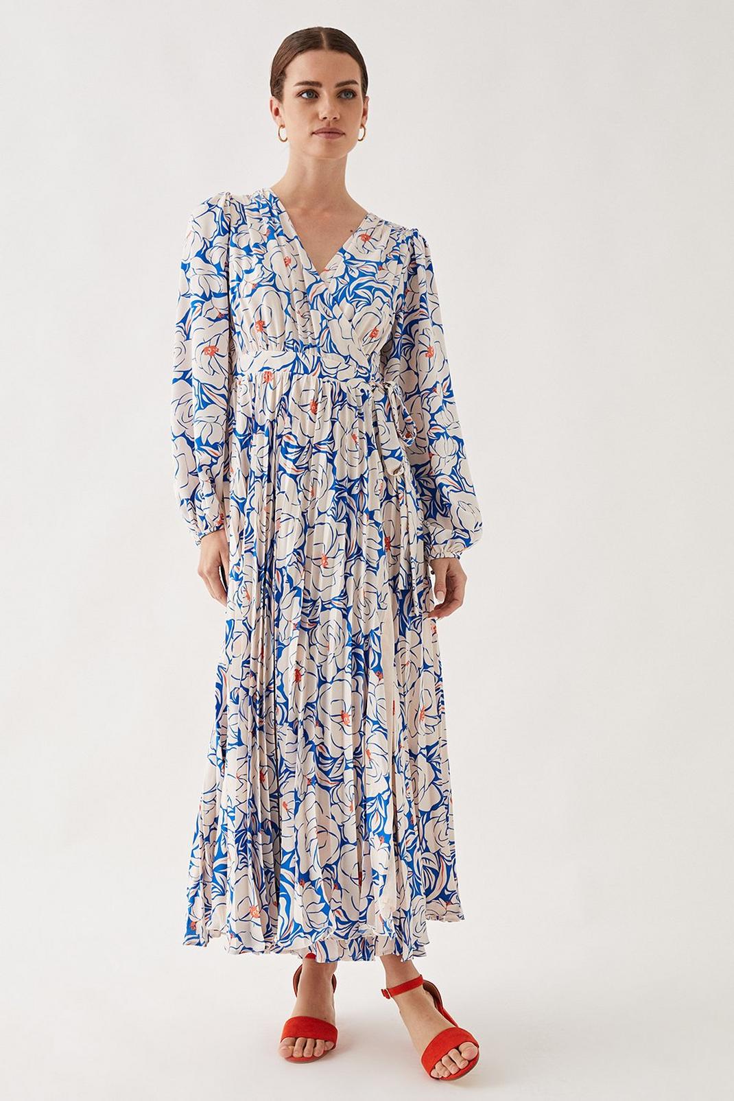 Blue Petite Floral Wrap Pleated Maxi Dress image number 1