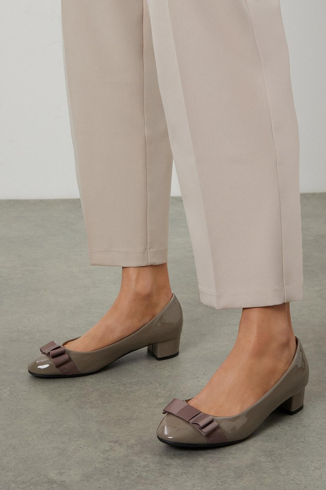 Taupe Daisy Bow Detail Low Block Heel Court Shoes image number 1