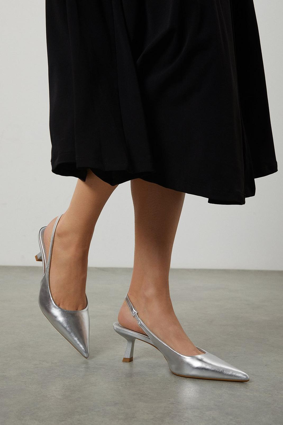 Silver Evangelina Slingback Pointed Kitten Heel Court Shoes image number 1