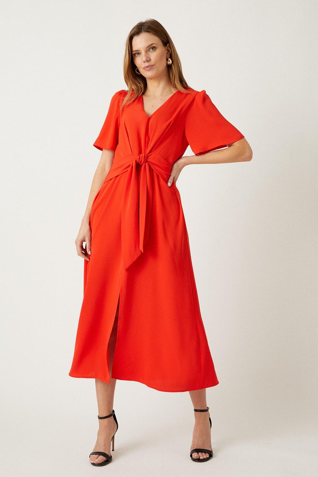 Red Tie Front Midi Dress  image number 1