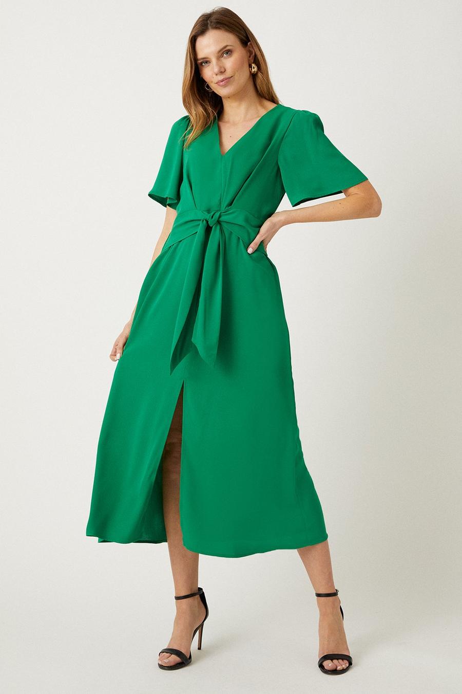 Green Tie Front Midi Dress