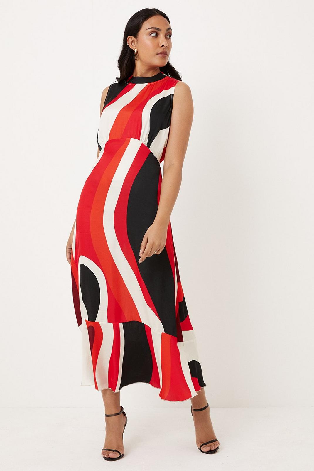 Petite Red Abstract Satin Halter Neck Midi Dress image number 1