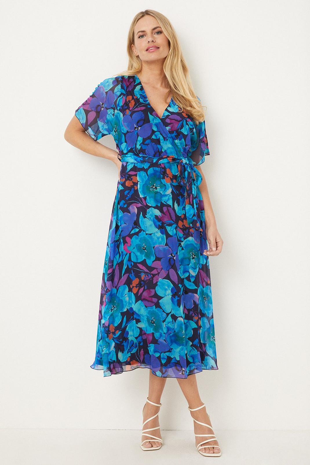 Petite Blue Floral Silk Mix Wrap Midi Dress image number 1
