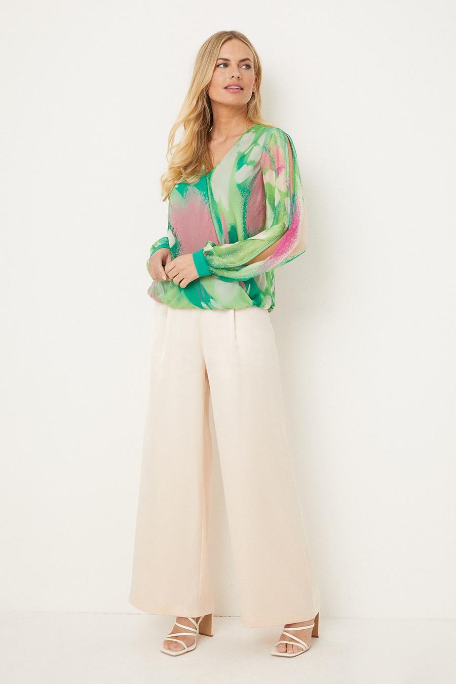 Petite Green Abstract Silk Mix Floral Wrap Blouse