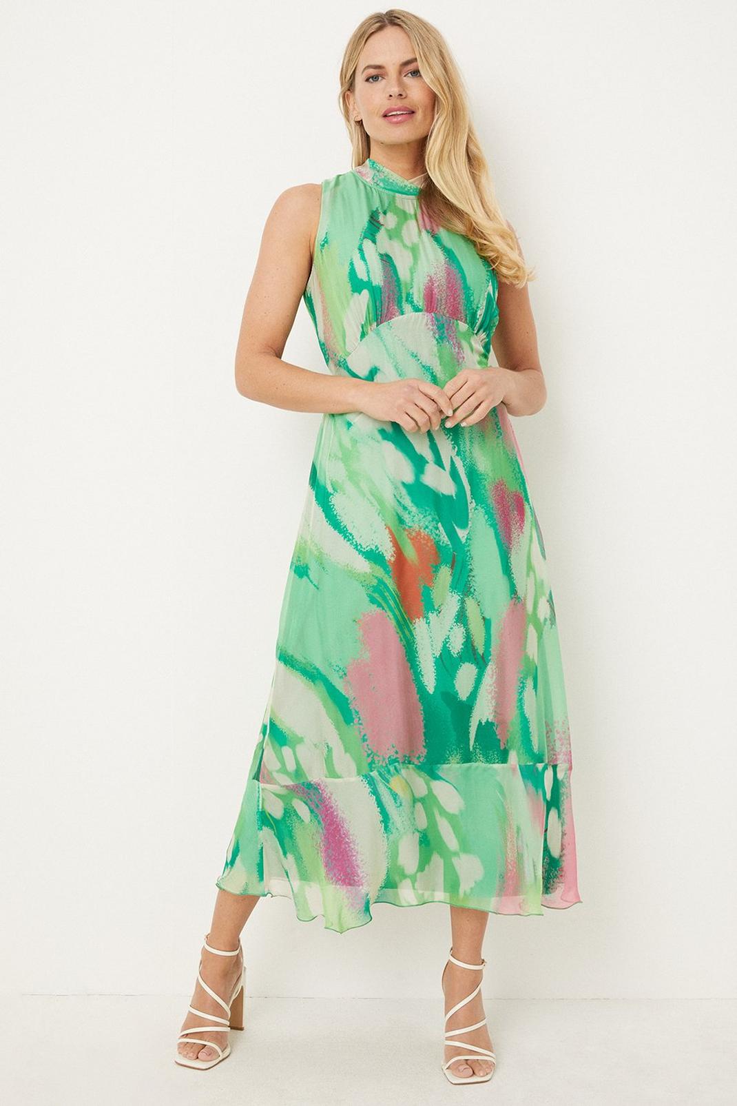Petite Green Abstract Silk Mix Sleeveless Midaxi Dress image number 1