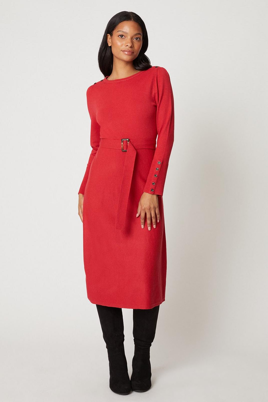 Petite Red Slash Neck Belted Knitted Dress image number 1
