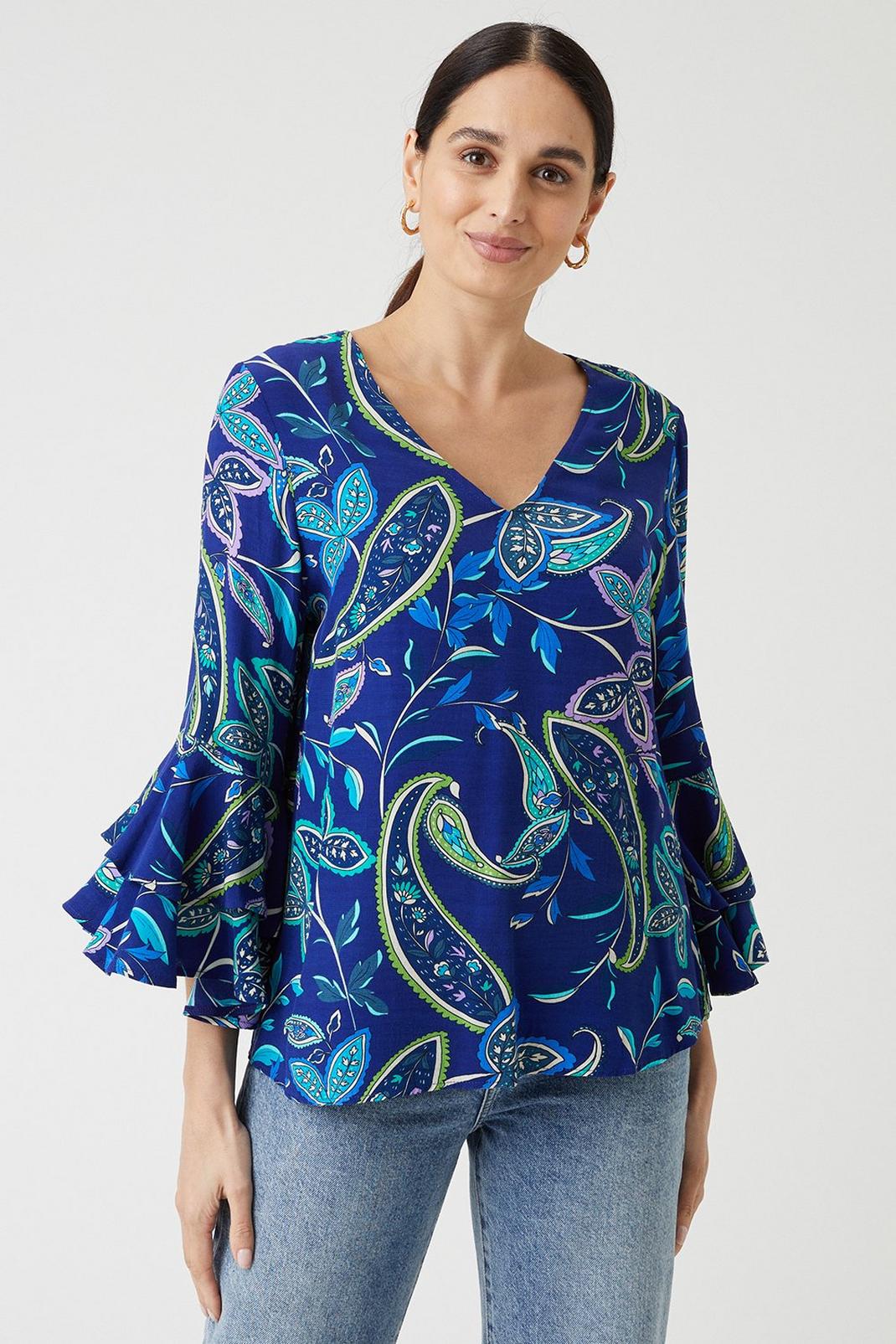 Blue Paisley Viscose Flute Sleeve Top image number 1