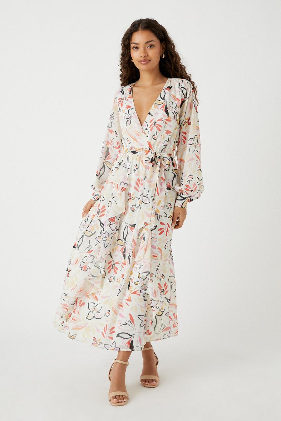 Petite Abstract Printed Ruffle Front Maxi Dress