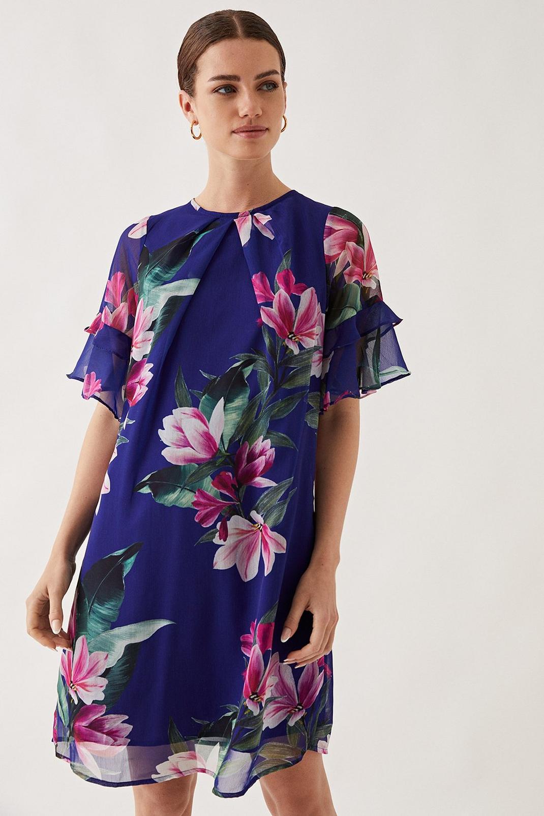 Petite Navy Floral Print Ruffle Sleeve Shift Dress image number 1