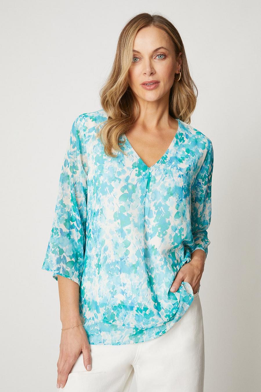 Printed Double Layer V Neck Overlay Top