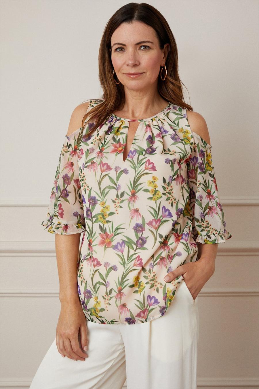 Floral Cold Shoulder Ruffle Sleeve Blouse