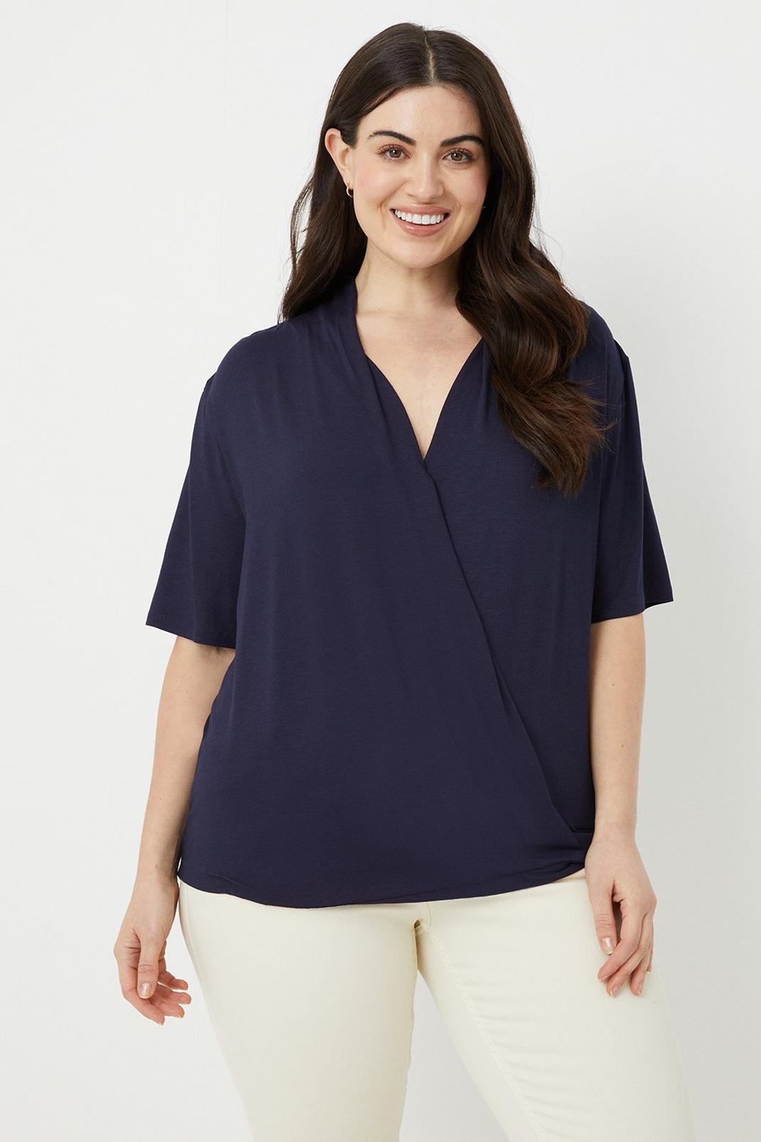 Navy Curve Jersey Short Sleeve Wrap Top image number 1