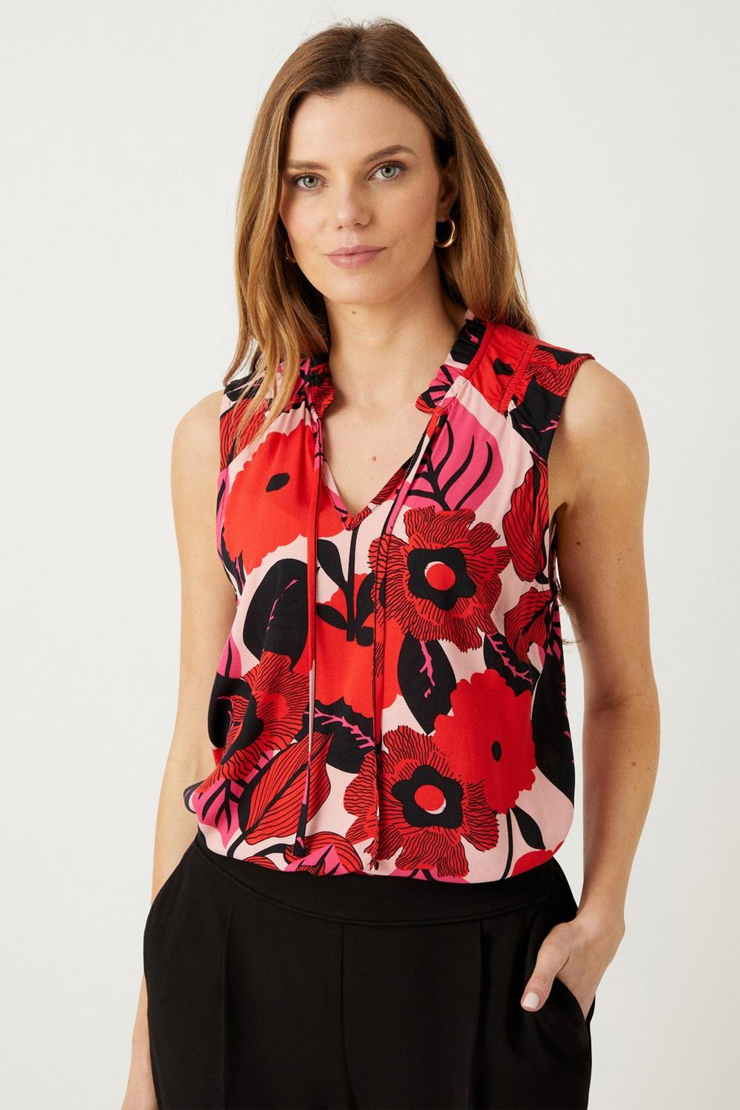 Red Floral Sleeveless Shell Top image number 1