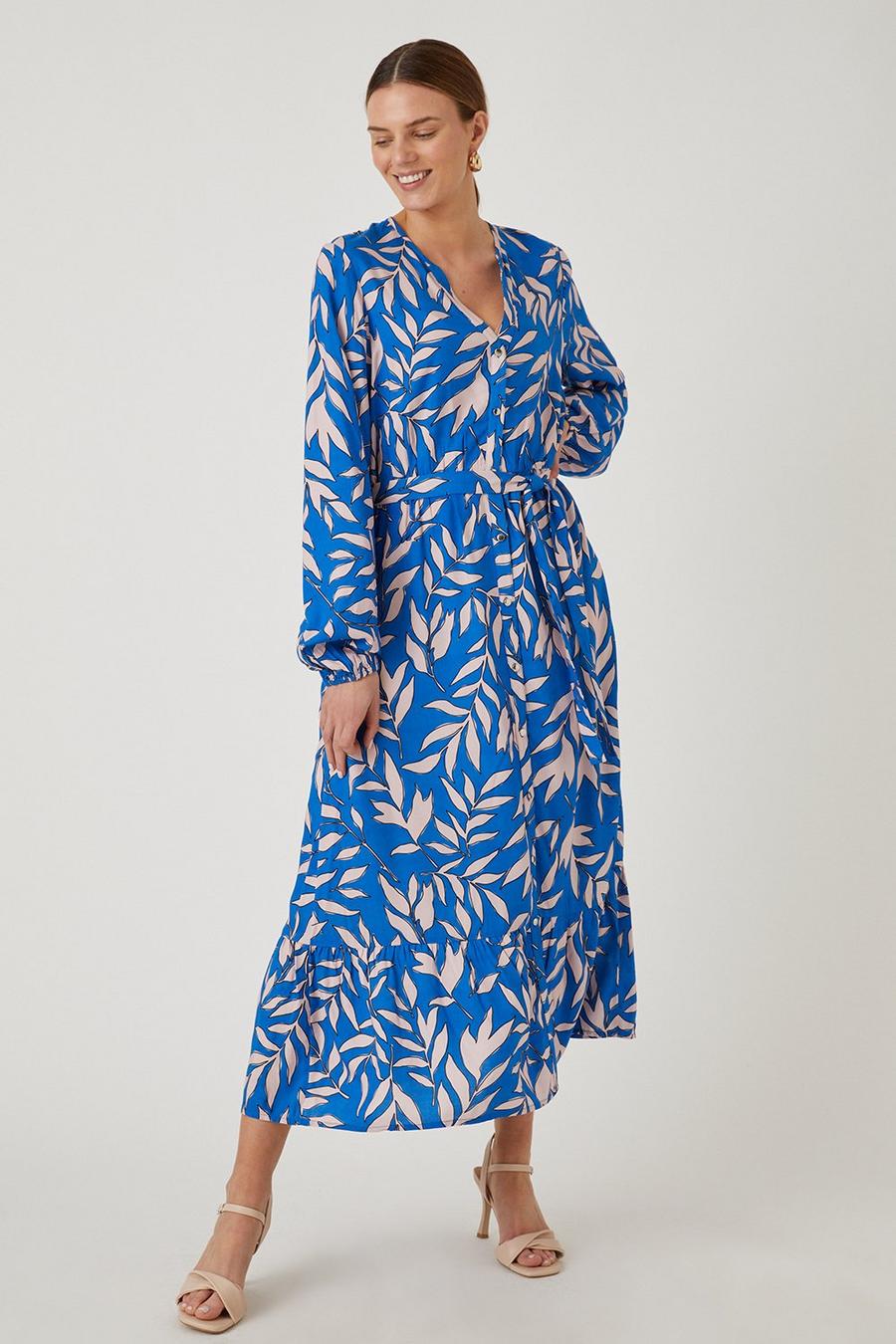Blue Leaf Print Button Through Tiered Midi Dress