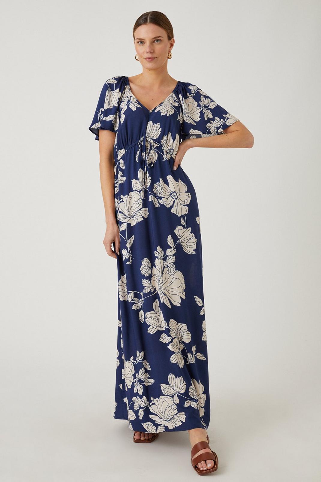 Navy Oversized Floral Angel Sleeve Printed Maxi image number 1