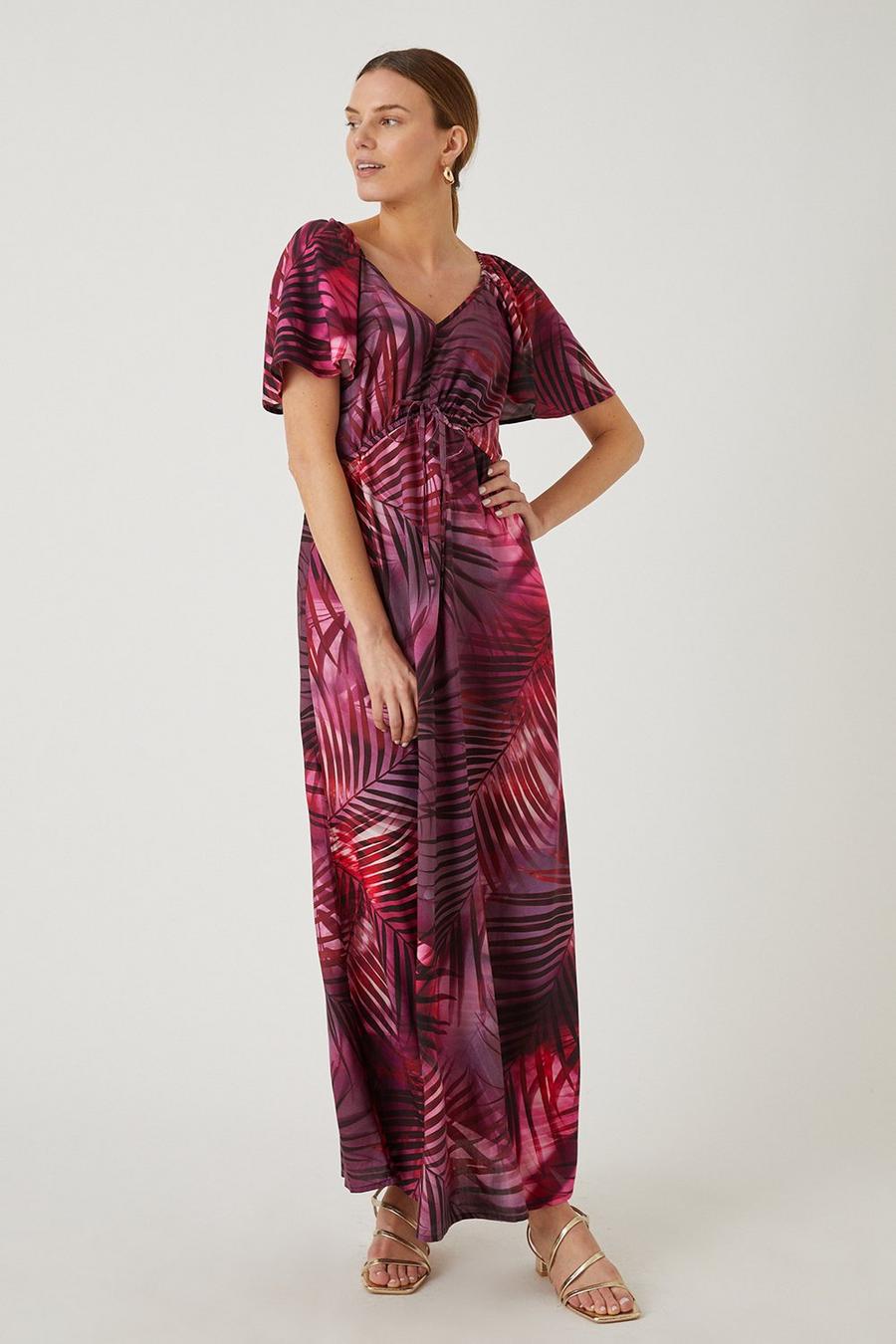 Red Tropical Angel Sleeve Printed Maxi 