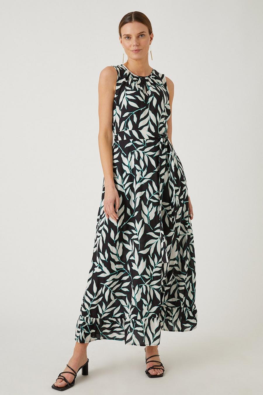 Mono Leaf Print Belted Tiered Maxi Dress