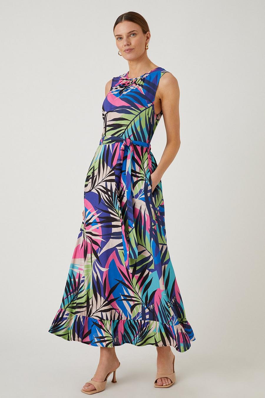 Tropical Belted Tiered Maxi Dress