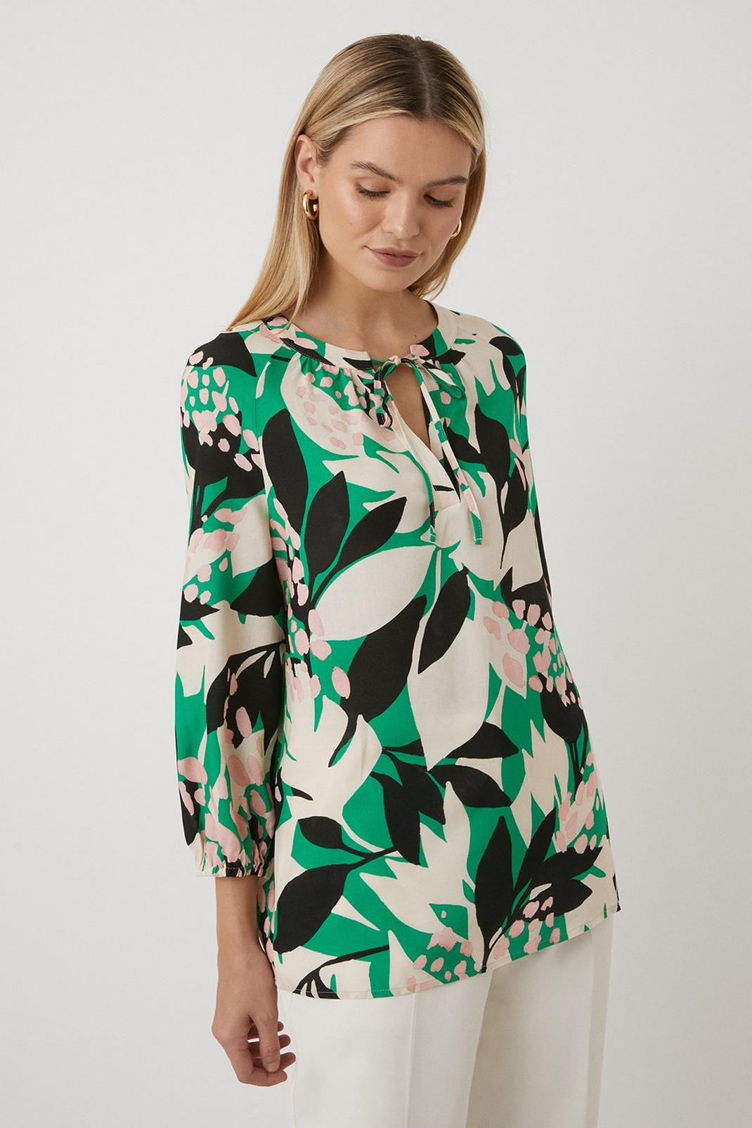Tall Green Leaf Print Tie Detail Blouse image number 1