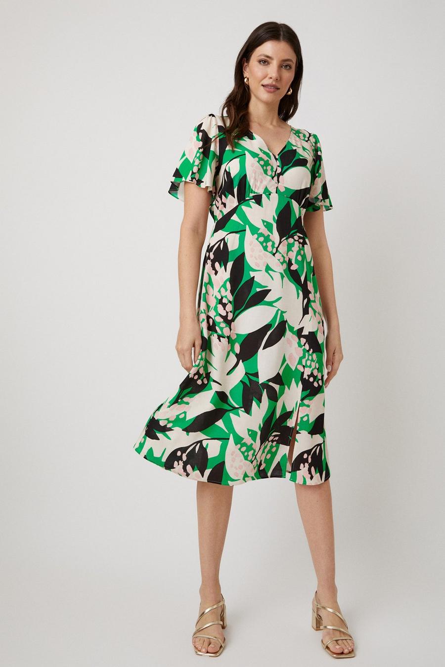 Green Leaf Print Tea Midi Dress