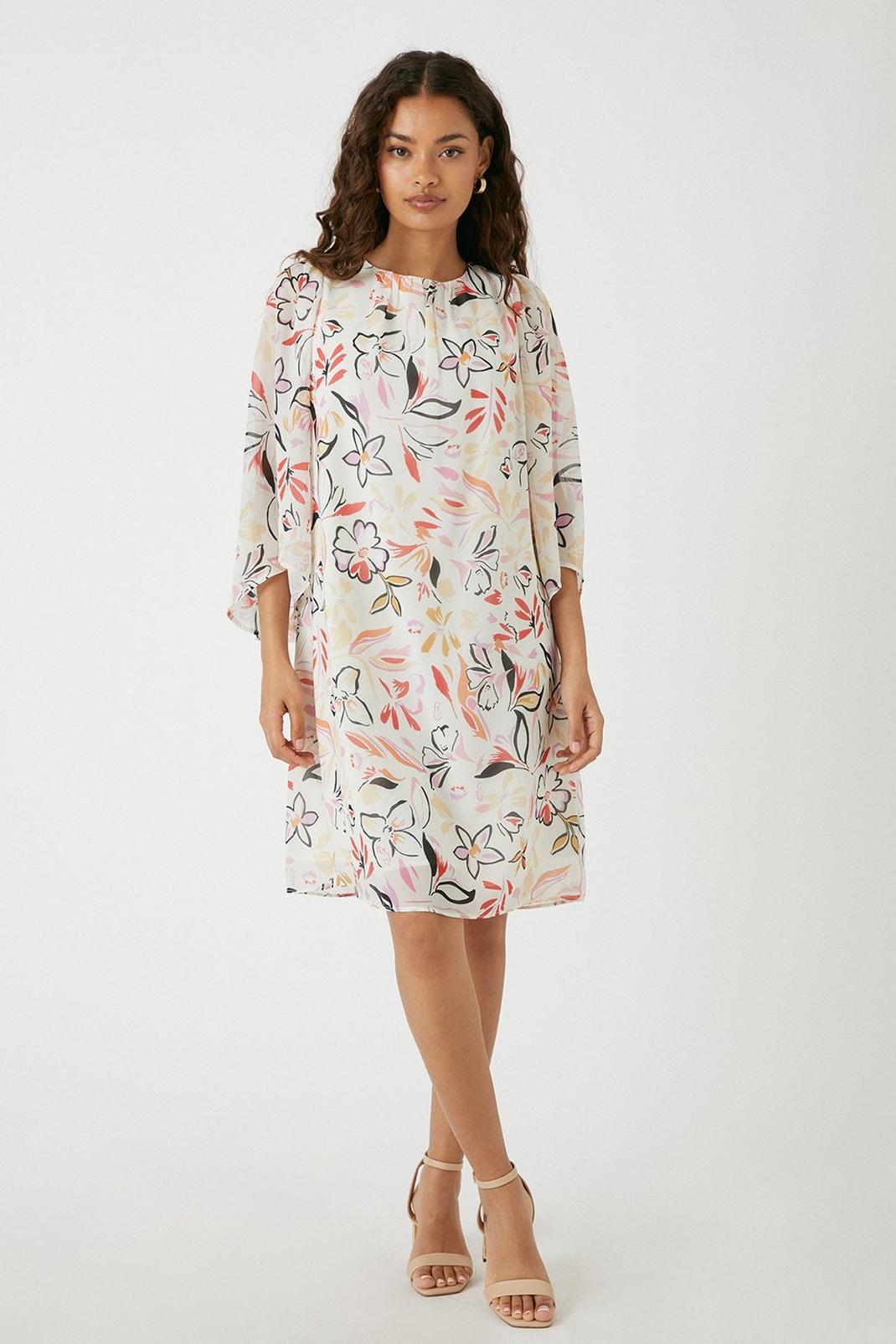 Ivory Petite Abstract Printed Flute Sleeve Shift Dress image number 1