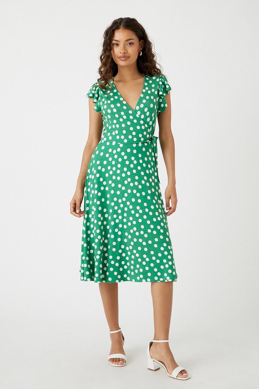 Petite Green Spot Jersey Wrap Dress